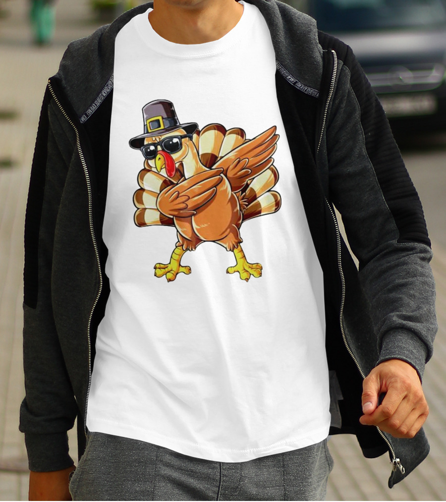 Thanksgiving Turkey Dabbing With Pilgrim Hat And Sunglasses T-Shirt