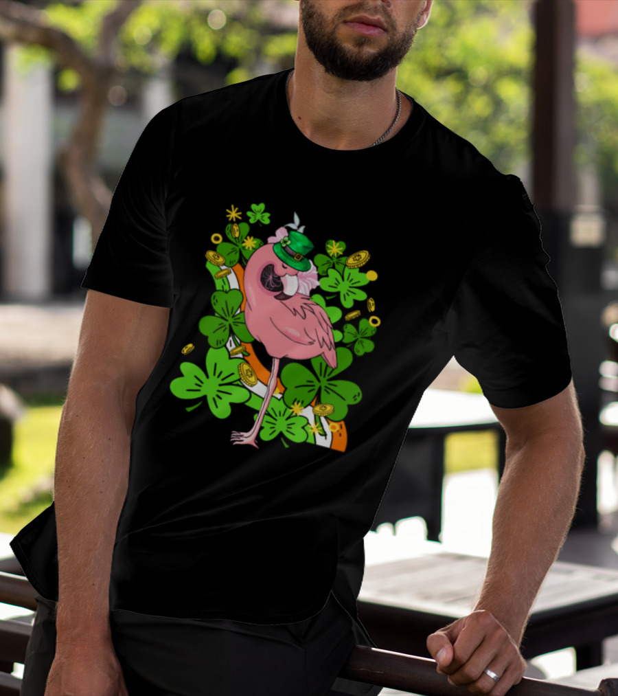Flamingo St Patricks Day Pink Bird Shamrocks And Leprechaun Hat With Gold Coins T-Shirt
