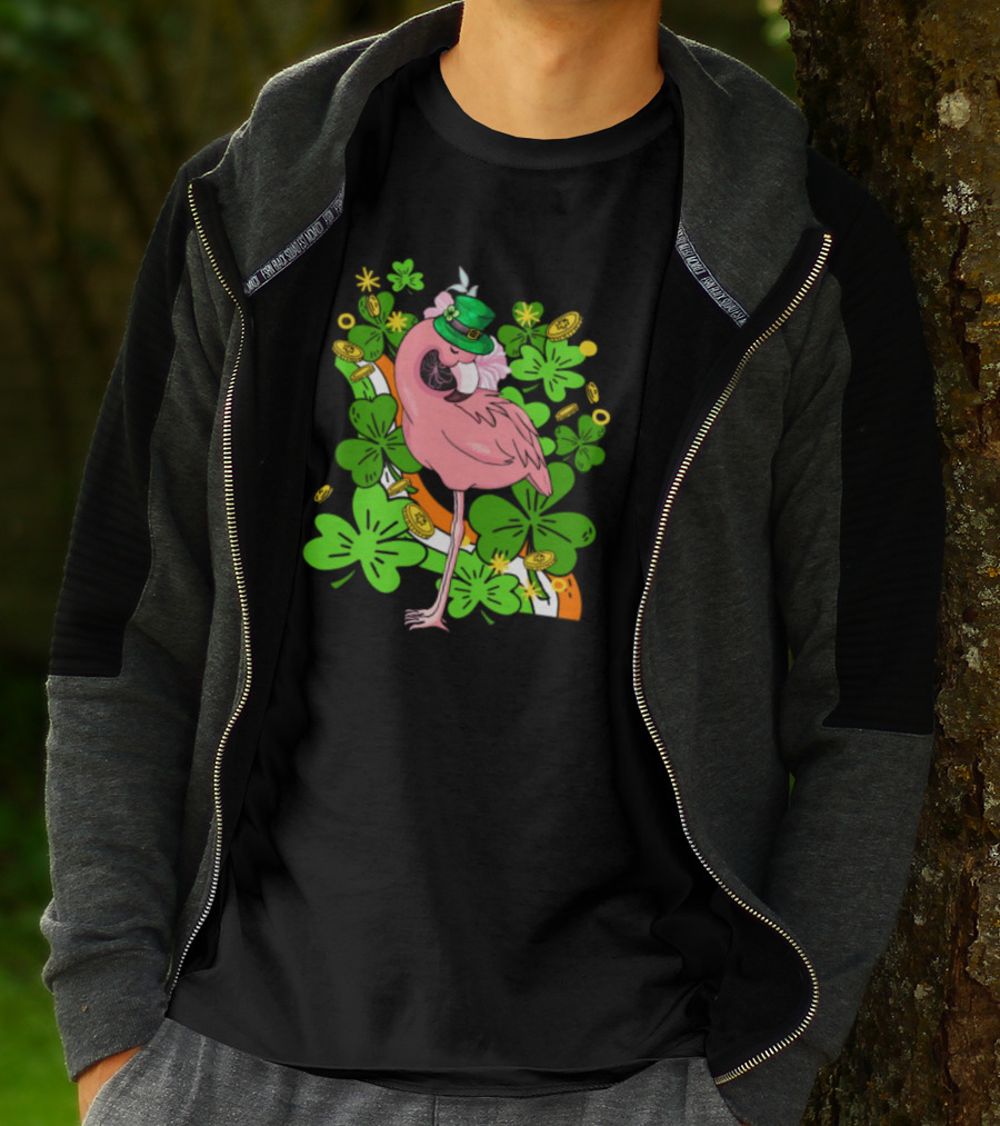 Flamingo St Patricks Day Pink Bird Shamrocks And Leprechaun Hat With Gold Coins T-Shirt