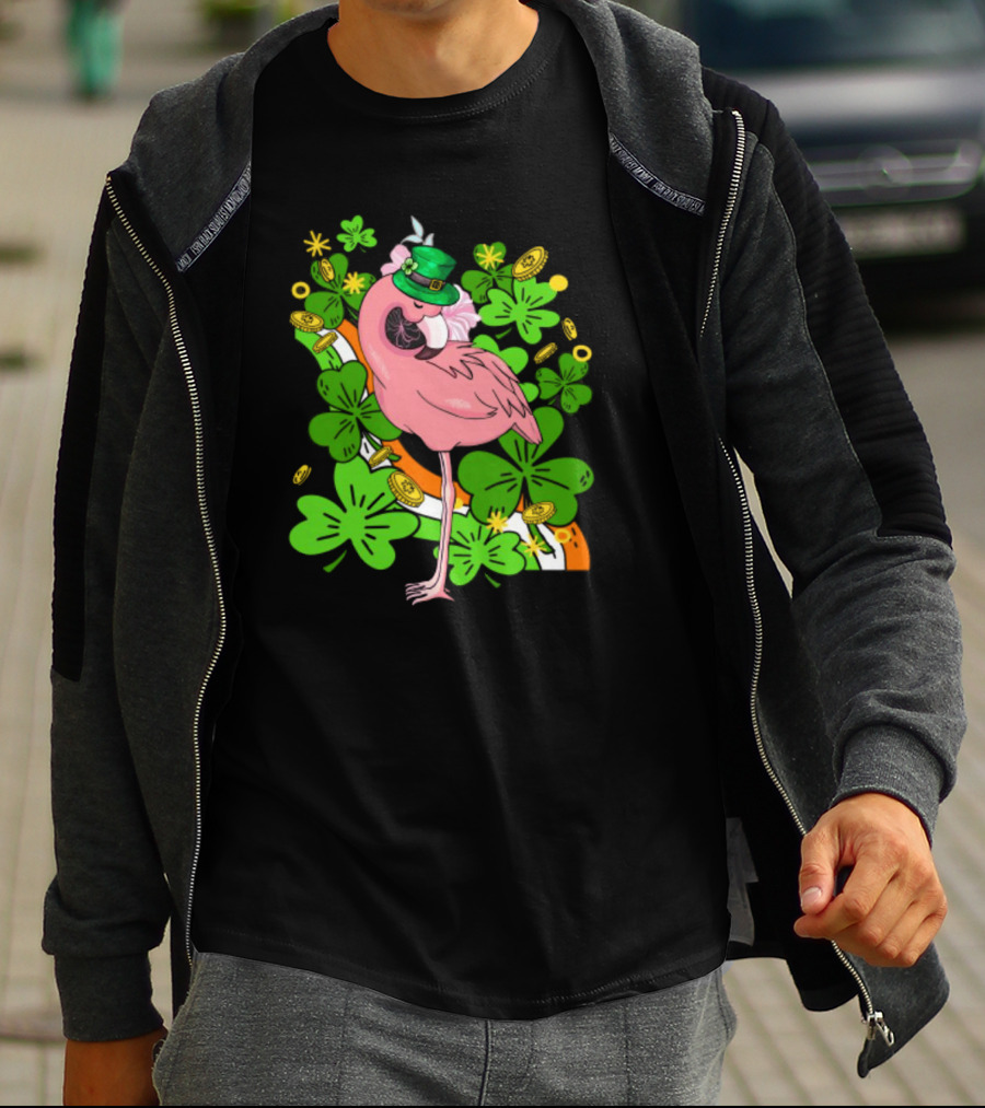Flamingo St Patricks Day Pink Bird Shamrocks And Leprechaun Hat With Gold Coins T-Shirt