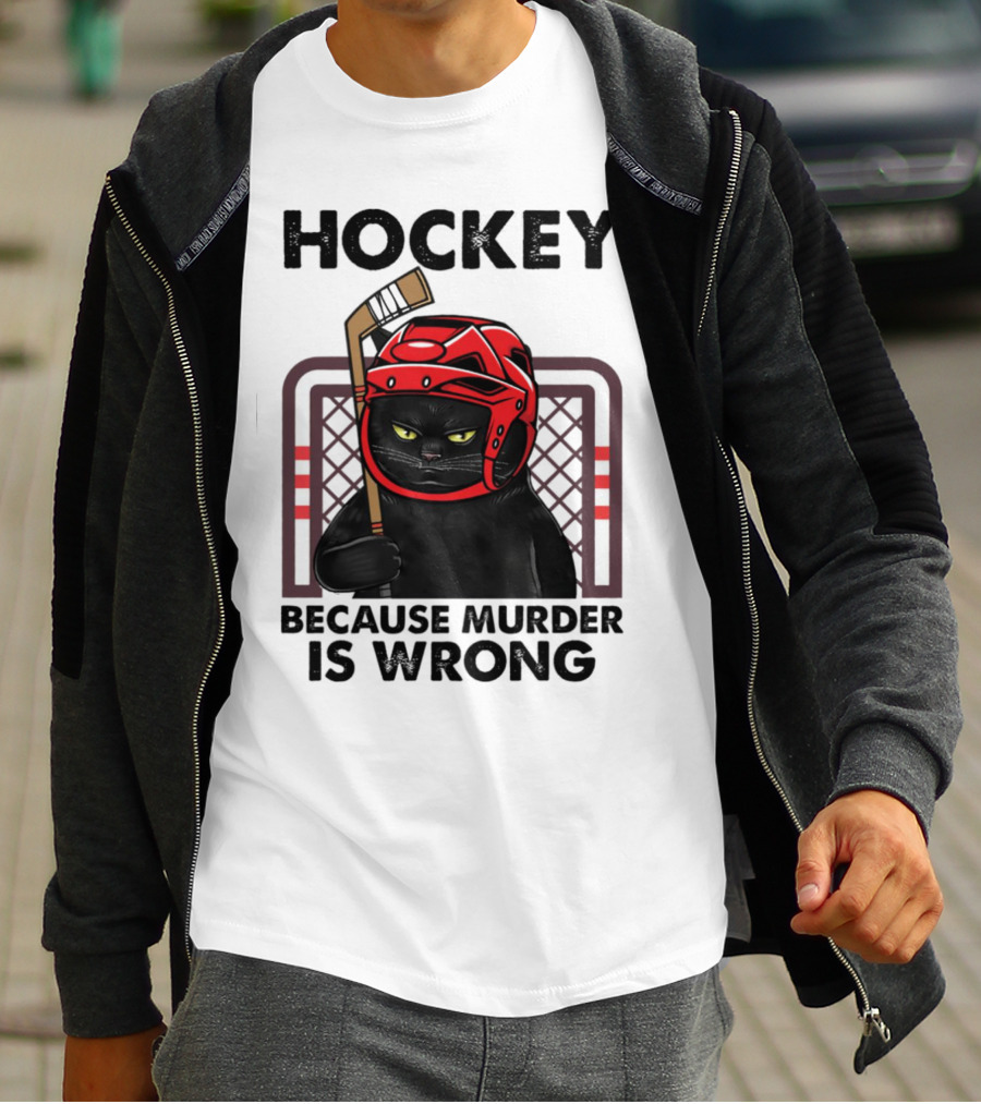 Hockey Cat In Red Helmet Because Murder Is Wrong T-Shirt
