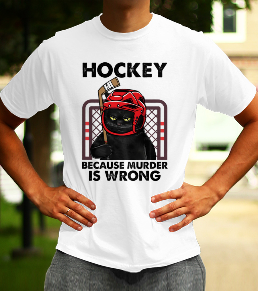 Hockey Cat In Red Helmet Because Murder Is Wrong T-Shirt