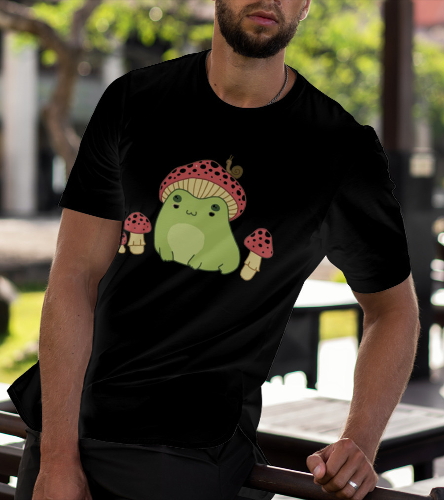 Kawaii Frog Wearing Mushroom Hat With Snail And Red Mushrooms T-Shirt