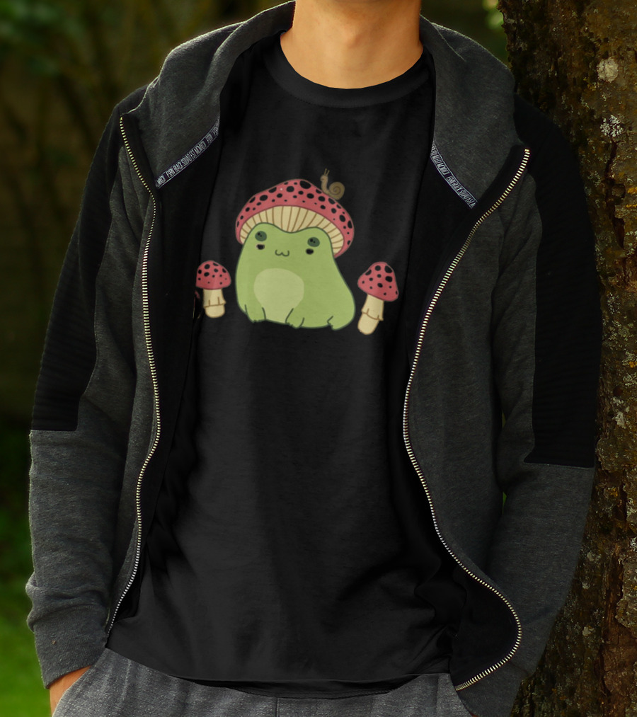 Kawaii Frog Wearing Mushroom Hat With Snail And Red Mushrooms T-Shirt