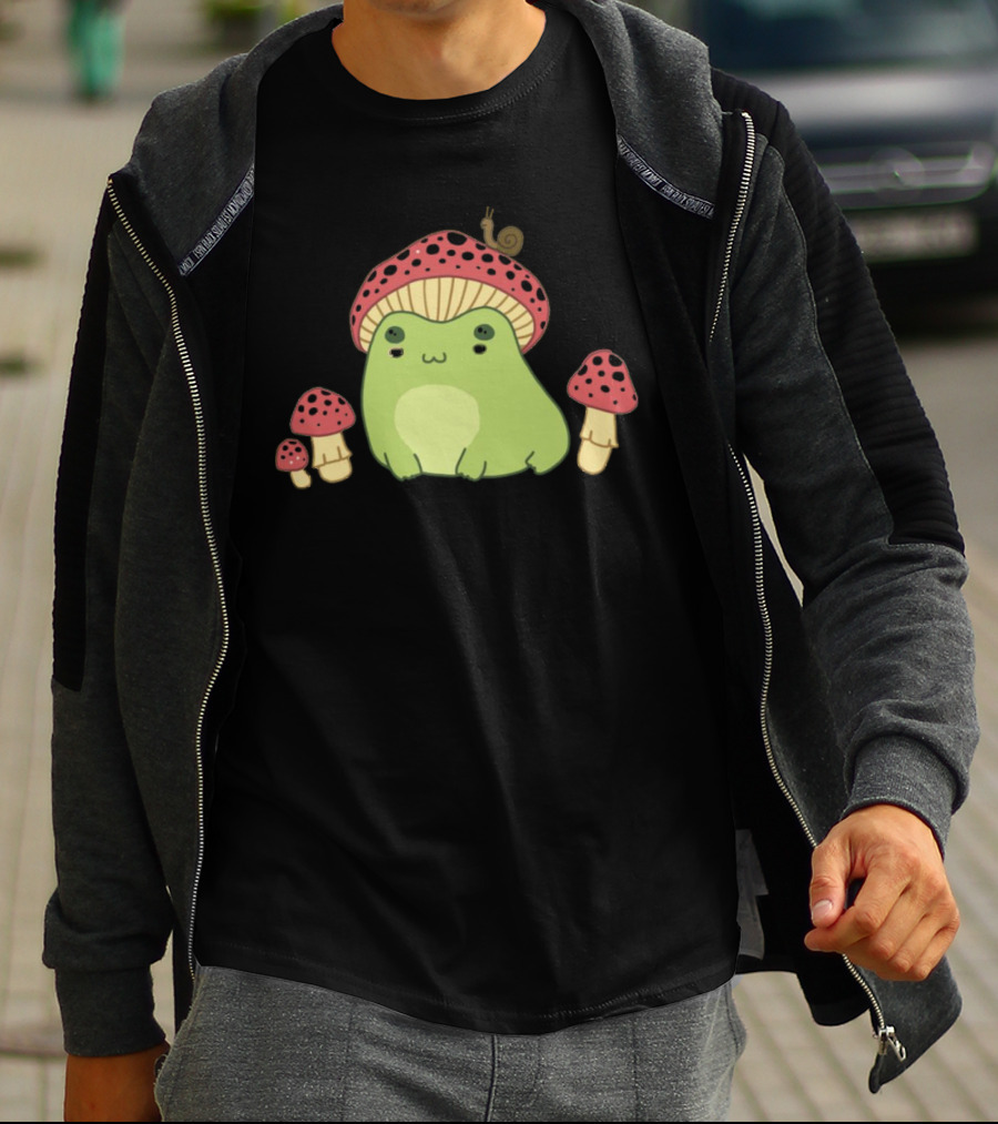 Kawaii Frog Wearing Mushroom Hat With Snail And Red Mushrooms T-Shirt