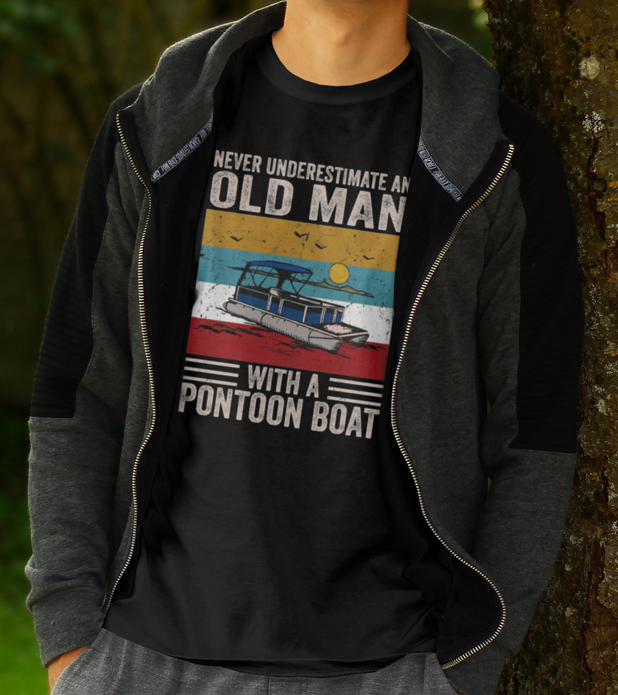 Never Underestimate An Old Man With A Pontoon Boat Vintage Sunset Scene T-Shirt