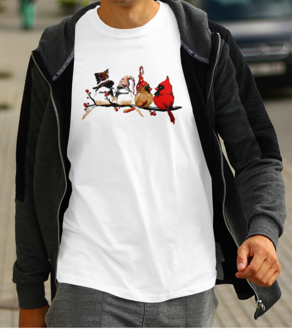 Cardinals Chickadees Christmas Birds On Branch With Festive Hats T-Shirt