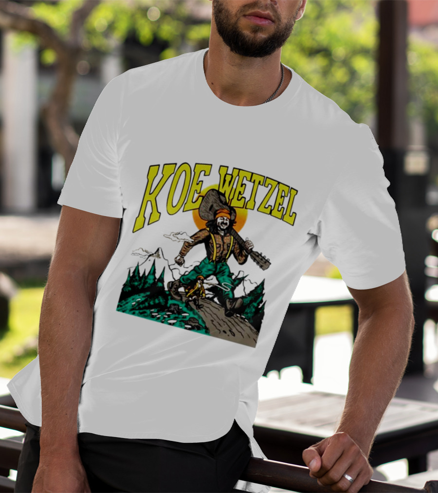 Koe Wetzel Koe Bunyan Lumberjack With Guitar And Dog In Mountain Scene T-Shirt