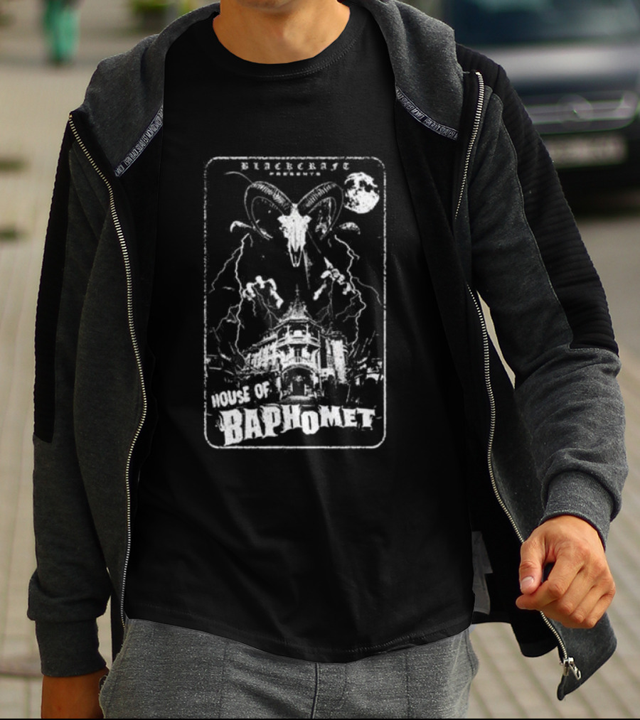 Blackcraft Cult Blackcraft Presents House Of Baphomet Goat Head Lightning Full Moon Dark T-Shirt