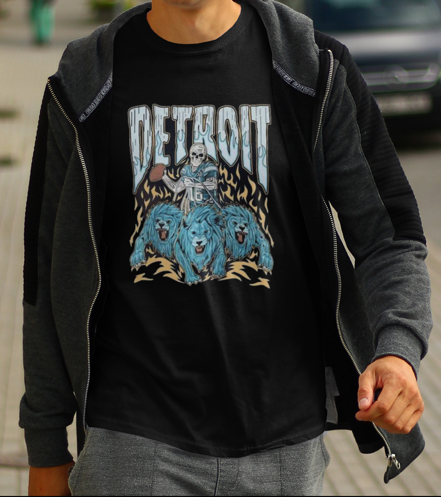 Detroit Skull Quarterback With Football And Blue Lions T-Shirt