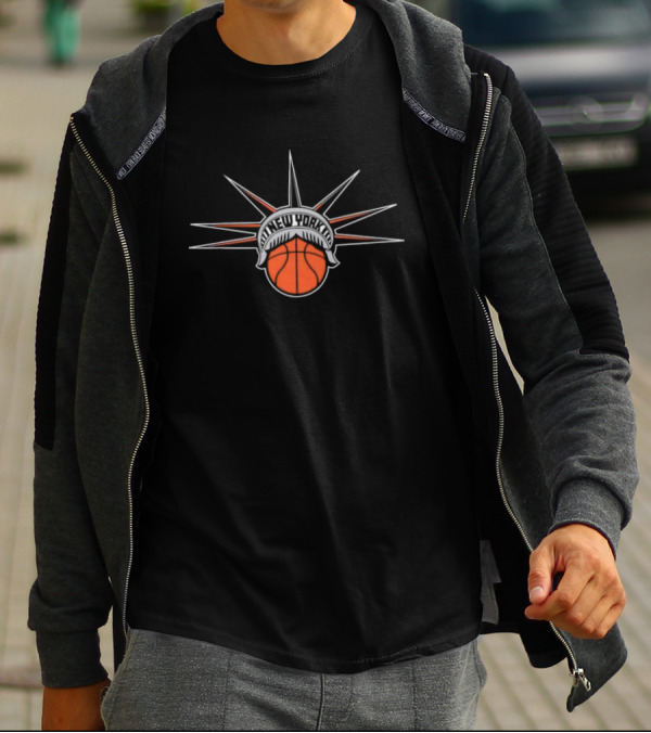 New York Basketball Liberty With Statue Spikes Ball Emblem T-Shirt