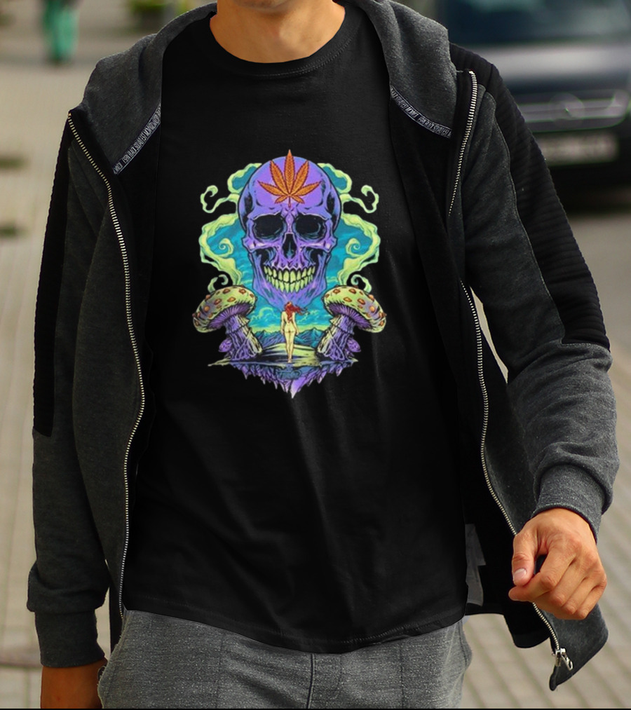 Ethereal Euphoria Psychedelic Skull And Mushrooms T-Shirt