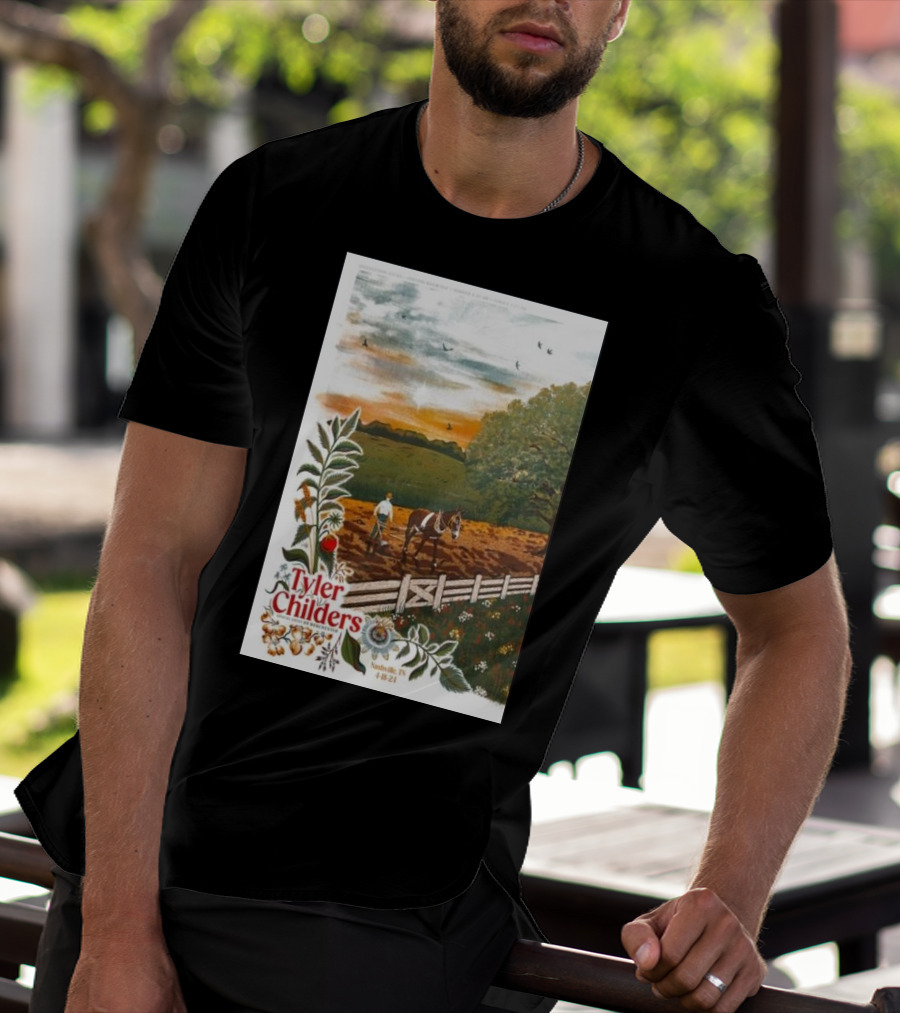 Tyler Childers Nashville TN 4 18 23 Horse Farm Scene With Flowers T-Shirt
