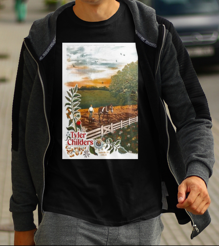 Tyler Childers Nashville TN 4 18 23 Horse Farm Scene With Flowers T-Shirt