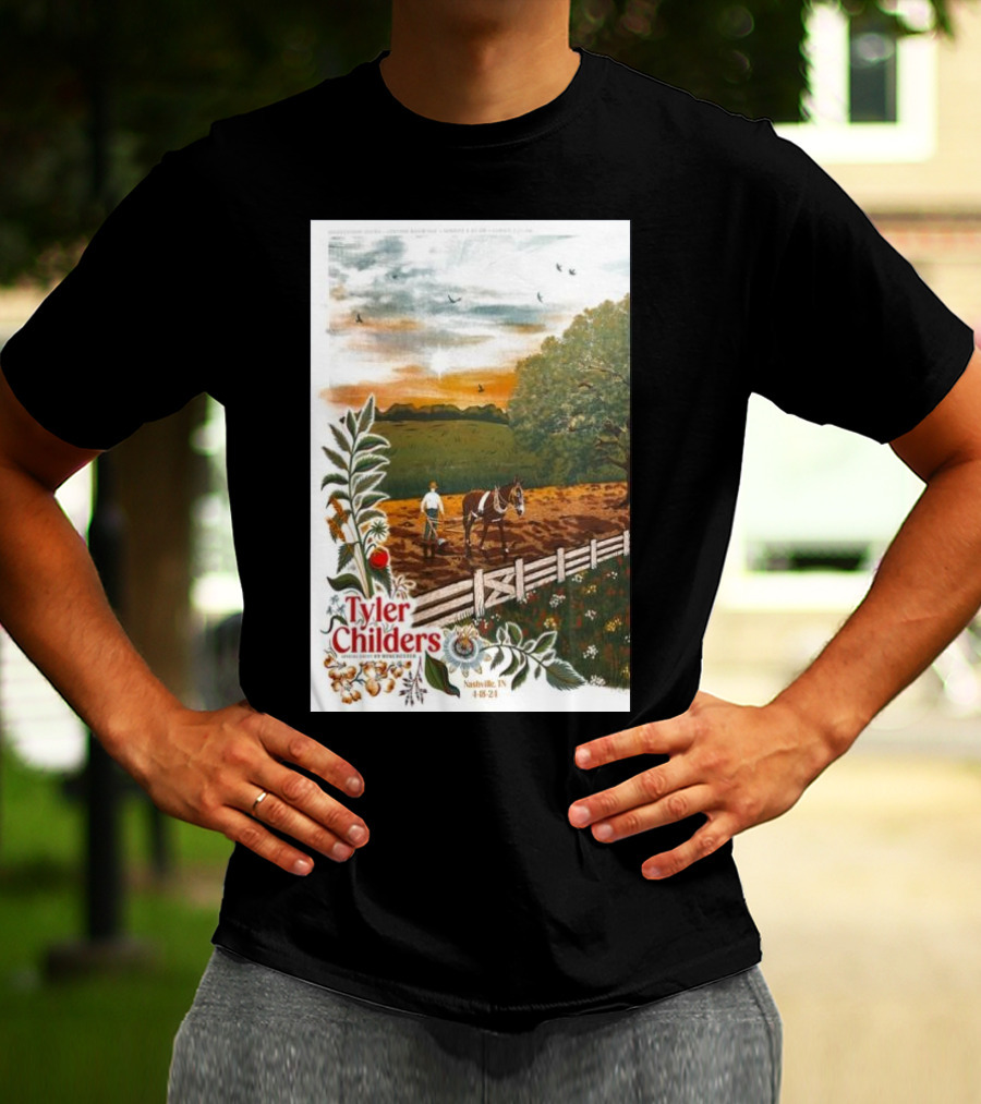 Tyler Childers Nashville TN 4 18 23 Horse Farm Scene With Flowers T-Shirt