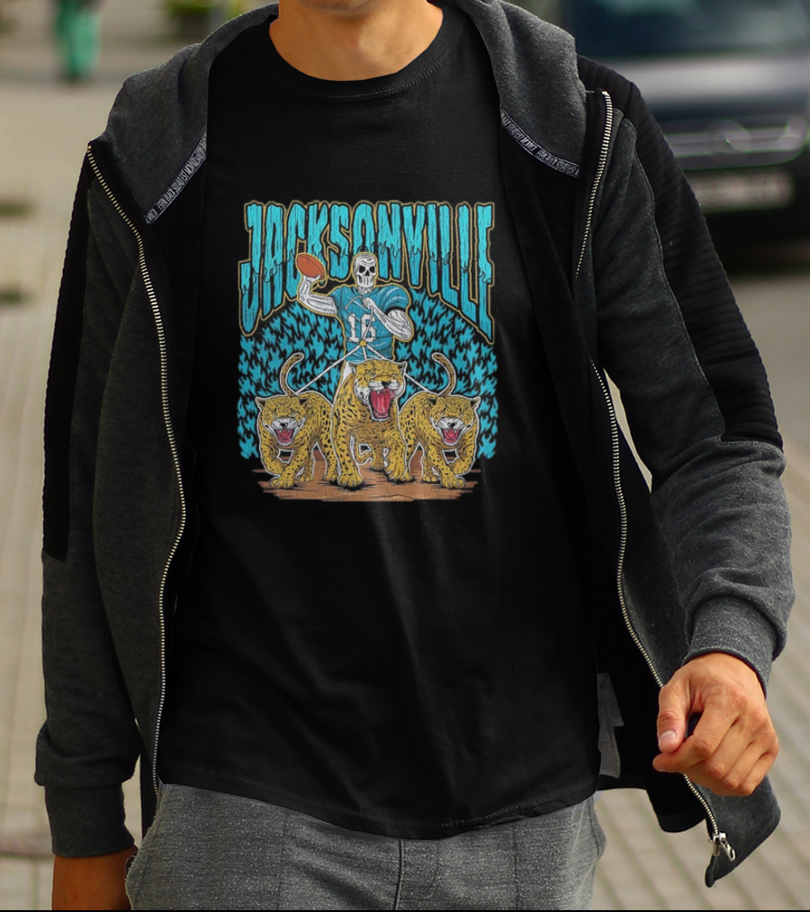 Jacksonville Jaguars Skeleton With Football And Three Jaguars Vintage T-Shirt