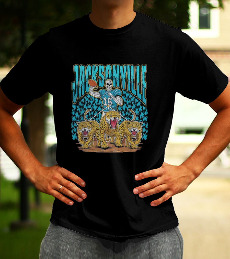 Jacksonville Jaguars Skeleton With Football And Three Jaguars Vintage T-Shirt