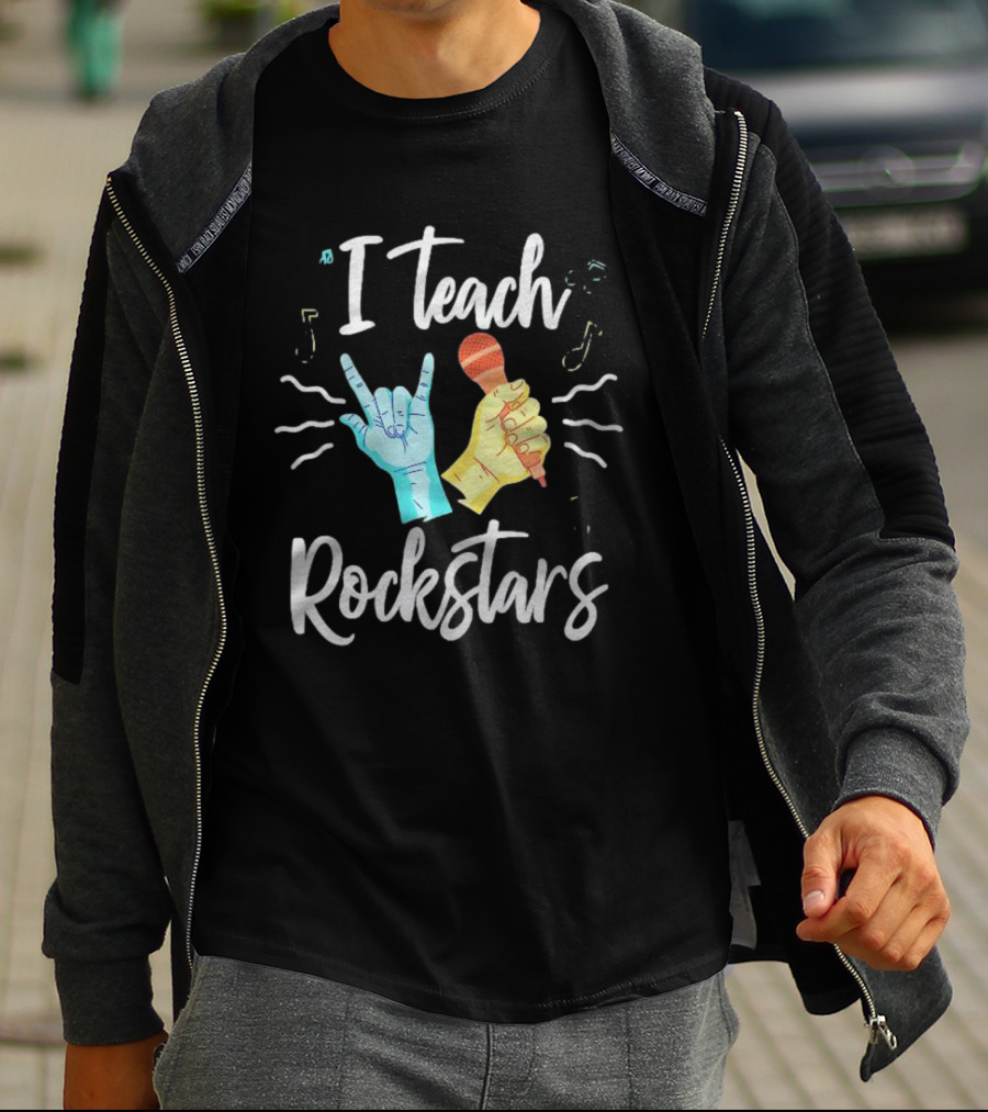 I Teach Rock Stars Music Teacher With Microphone And Rock Hand Gesture T-Shirt
