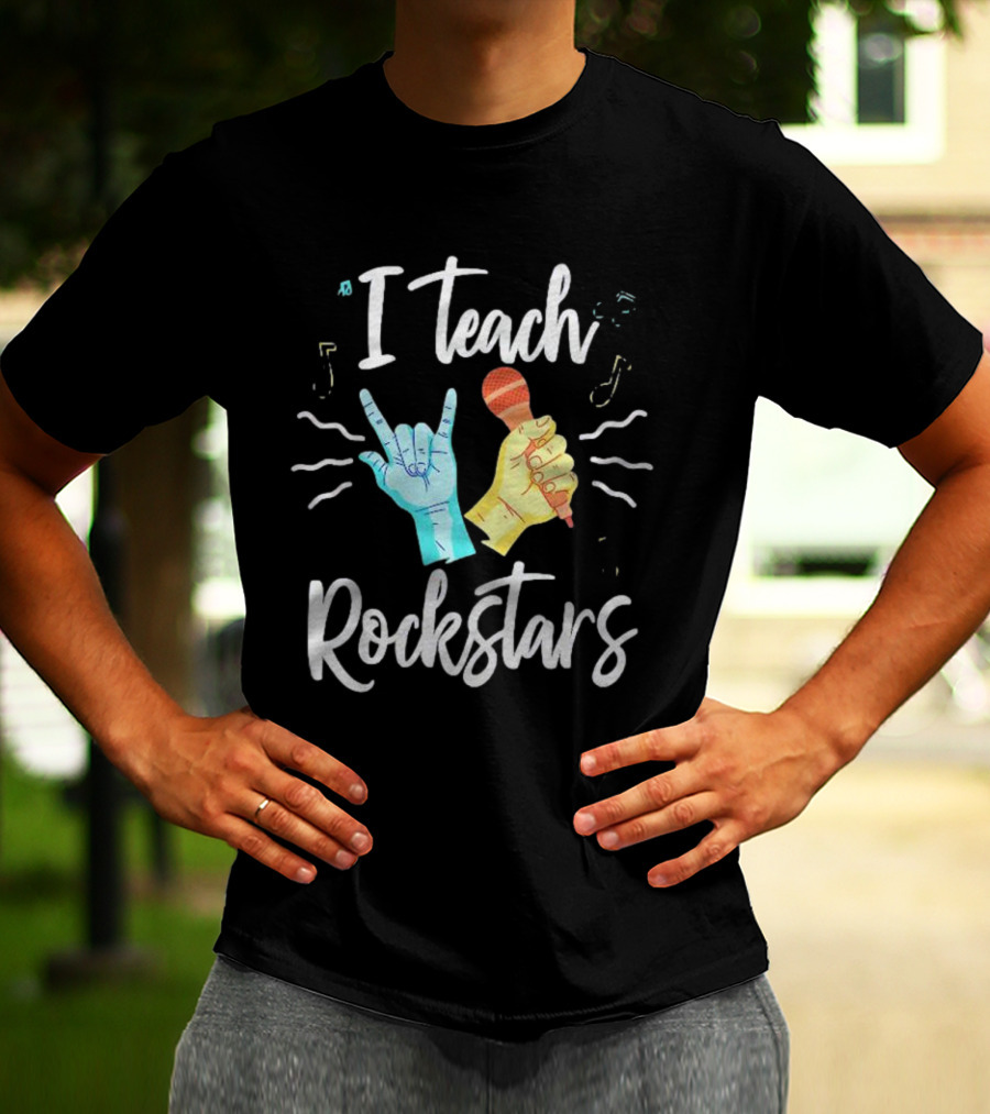 I Teach Rock Stars Music Teacher With Microphone And Rock Hand Gesture T-Shirt