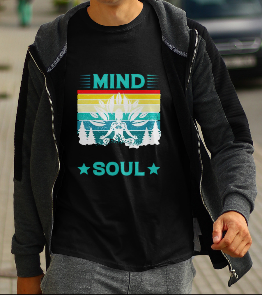 LOSE YOUR MIND FIND YOUR SOUL Yoga Meditation Retro Vintage Rainbow Pine Trees T-Shirt
