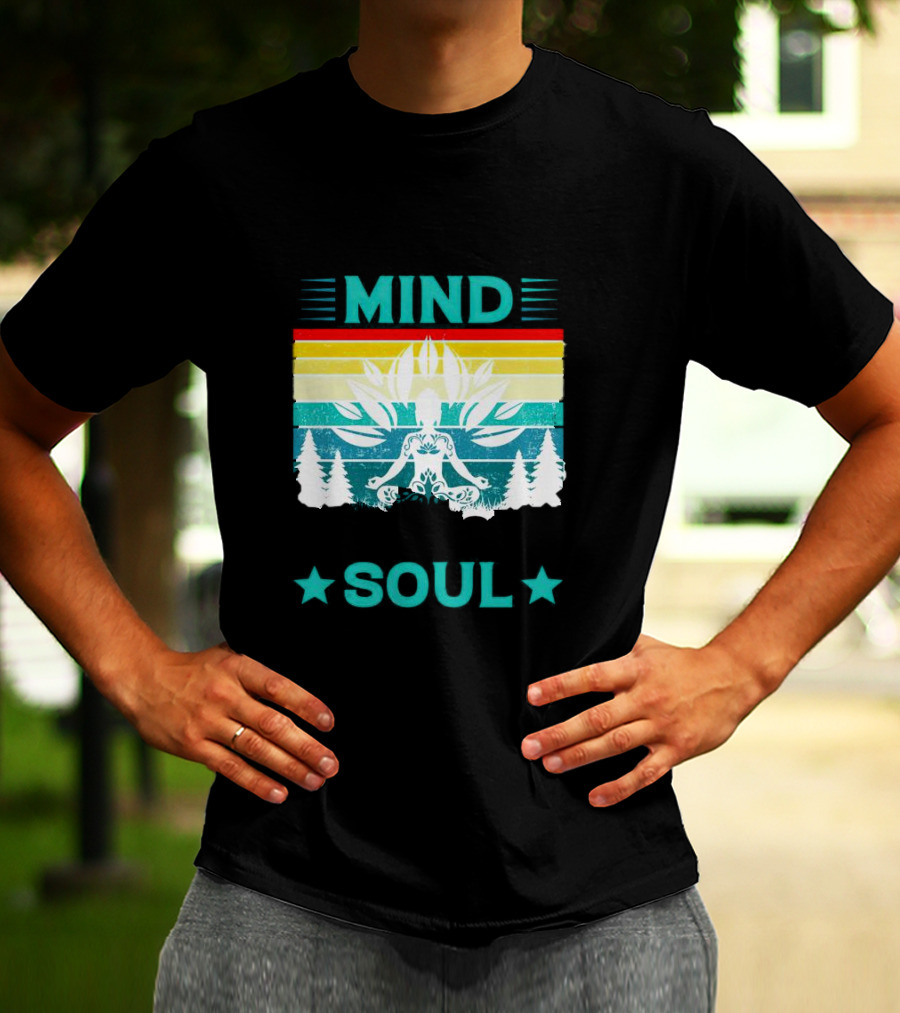 LOSE YOUR MIND FIND YOUR SOUL Yoga Meditation Retro Vintage Rainbow Pine Trees T-Shirt