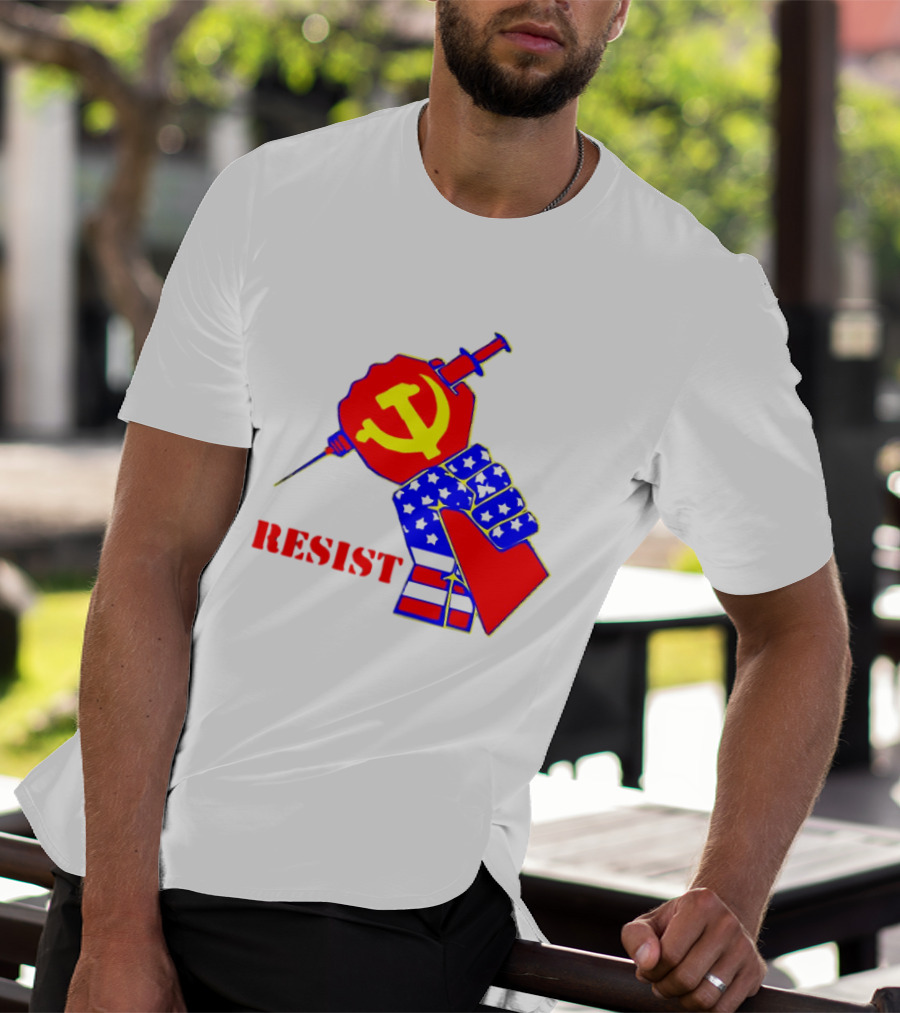 RESIST Communist Hammer And Sickle American Flag Fist Syringe T-Shirt