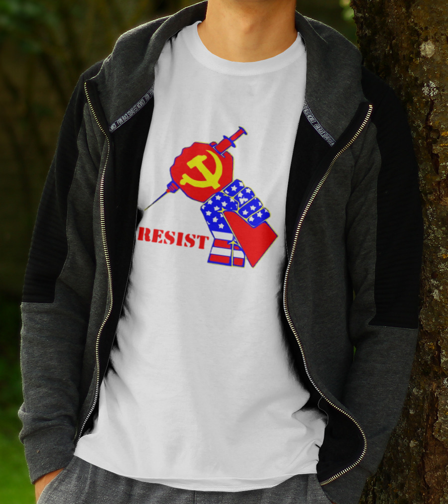 RESIST Communist Hammer And Sickle American Flag Fist Syringe T-Shirt