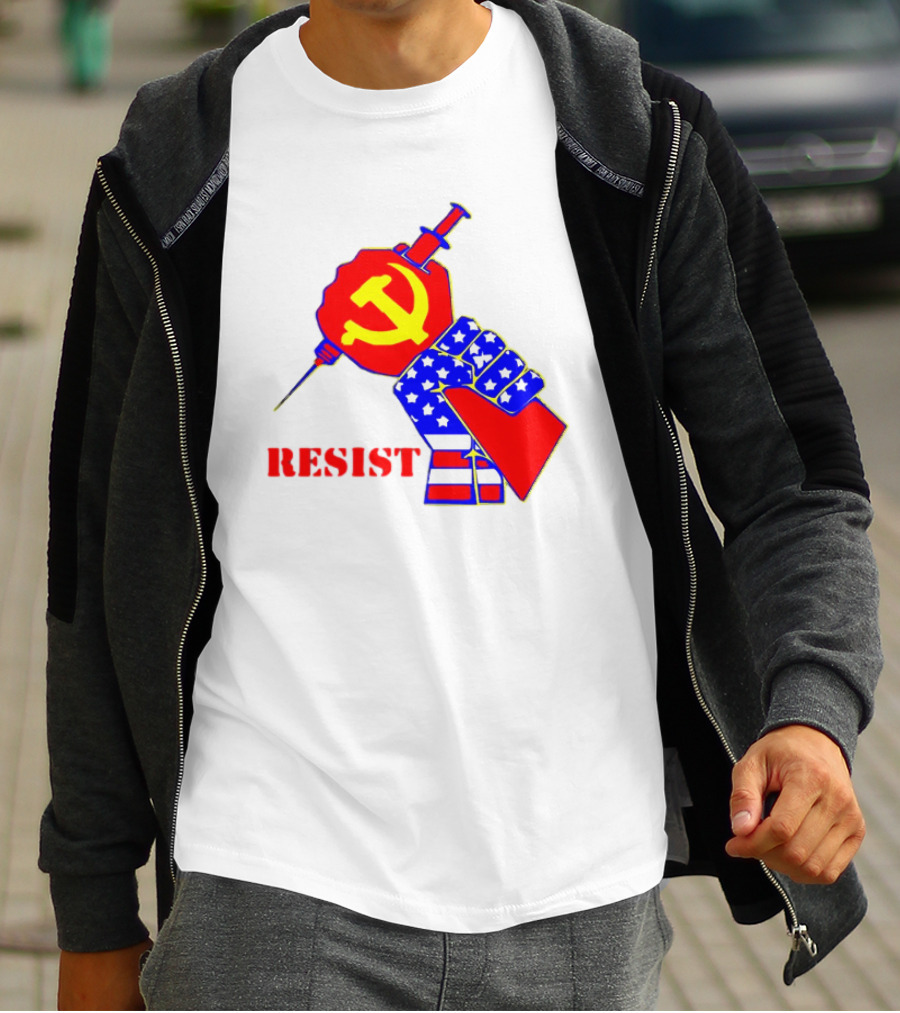 RESIST Communist Hammer And Sickle American Flag Fist Syringe T-Shirt