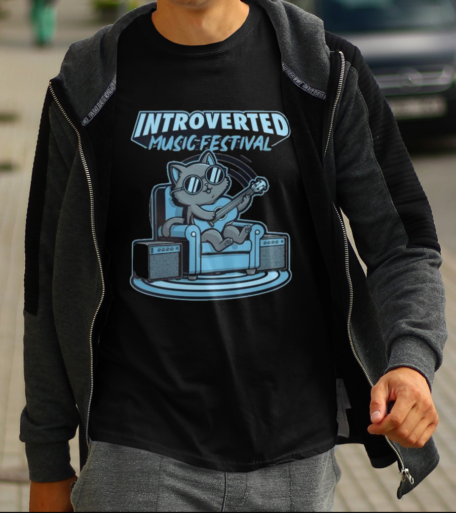 Introverted Music Festival Cat Playing Guitar On Couch With Amplifier T-Shirt