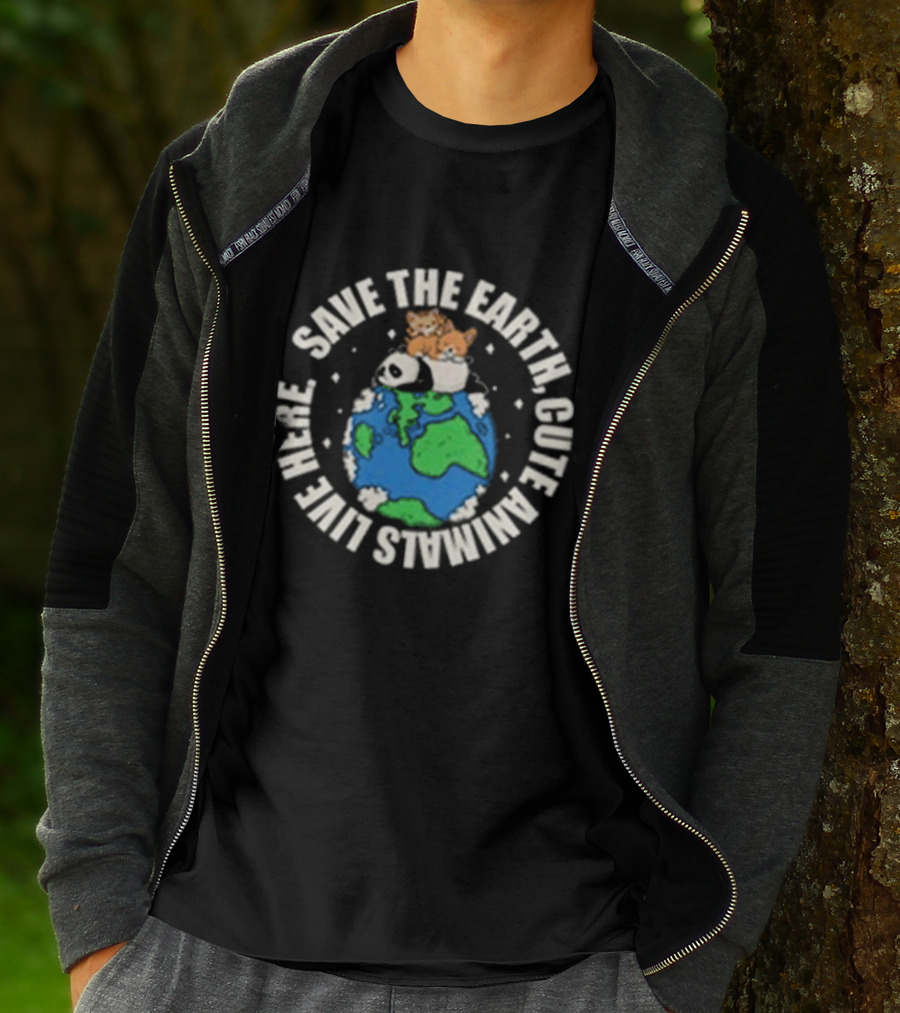 Save The Earth Cute Animals Live Here Panda And Kittens On Globe T-Shirt