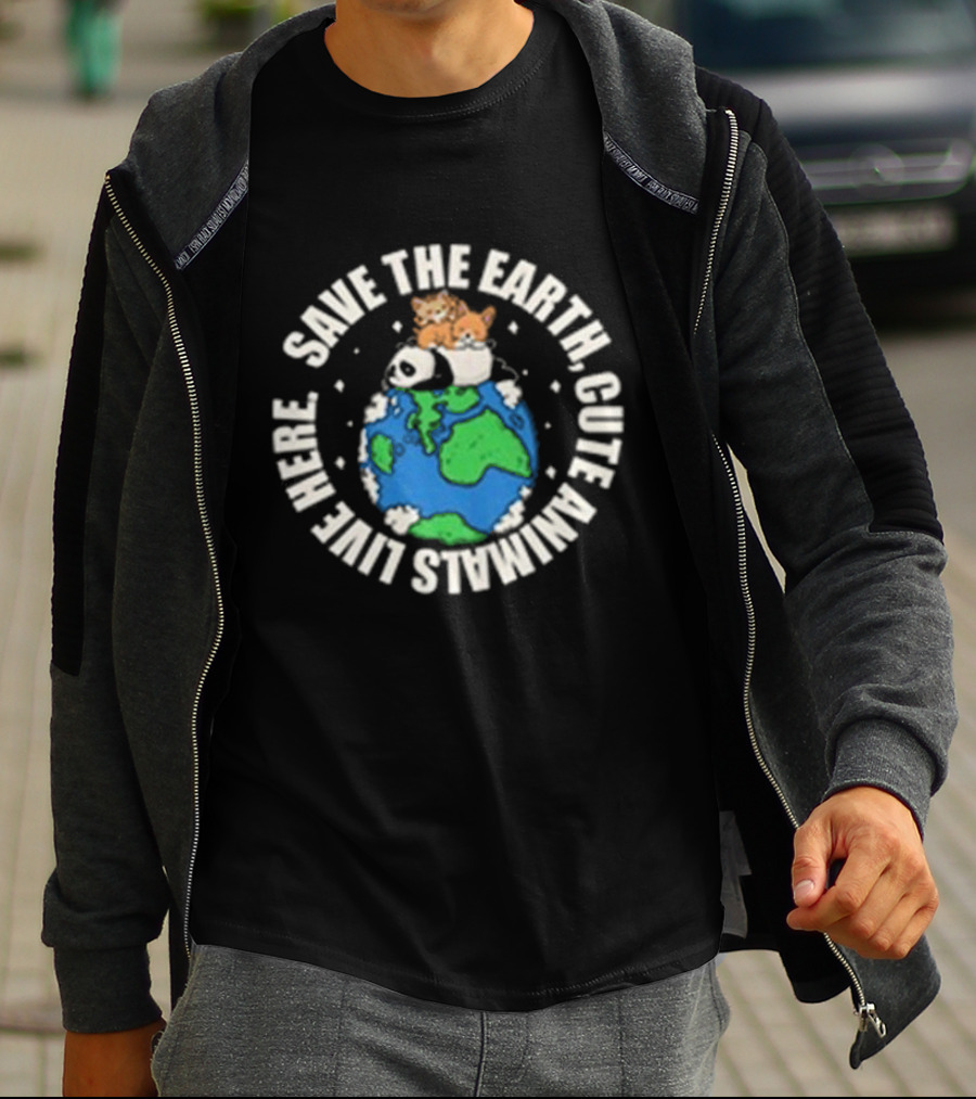 Save The Earth Cute Animals Live Here Panda And Kittens On Globe T-Shirt