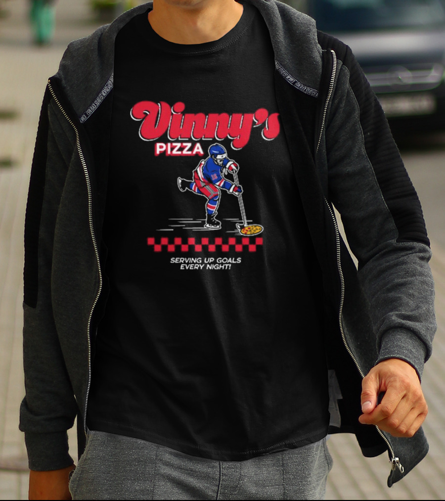 Vinny's Pizza Serving Up Goals Every Night Hockey Player With Pizza Stick T-Shirt