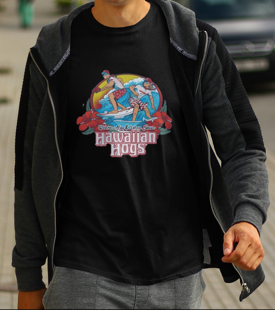Wehiwa Aloy Nolan Souza Hawaiian Hogs Surfing With Hibiscus Flowers T-Shirt