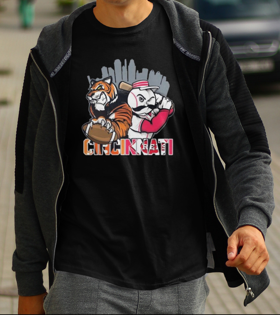 Cincinnati Bengals Tiger With Football And Mr. Redlegs Baseball Skyline T-Shirt