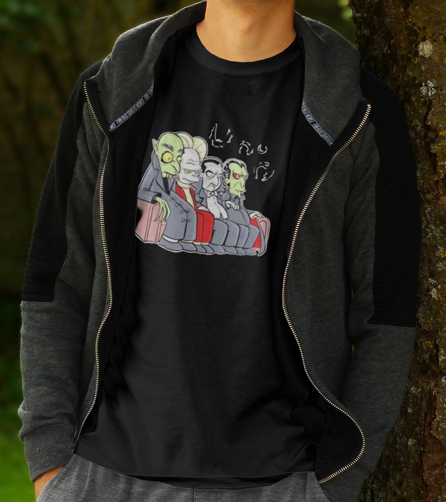 Various Versions Of Dracula Characters Sitting Together On A Couch T-Shirt