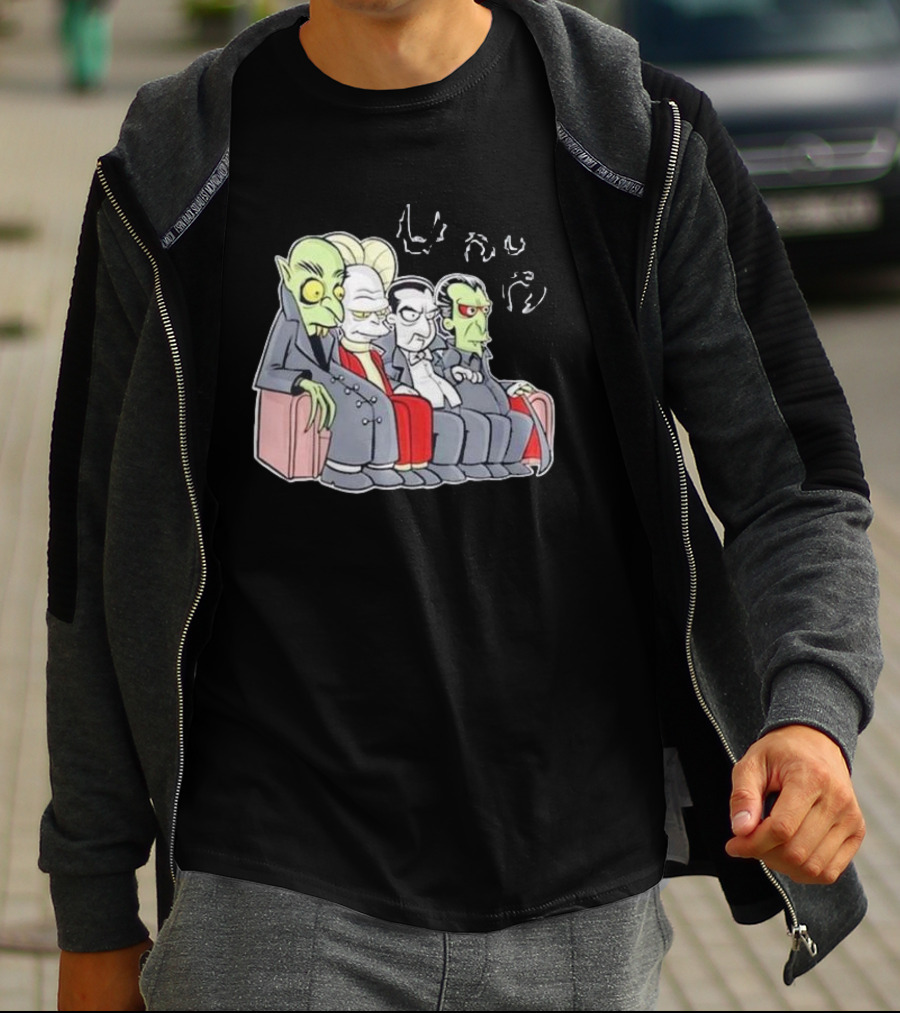 Various Versions Of Dracula Characters Sitting Together On A Couch T-Shirt