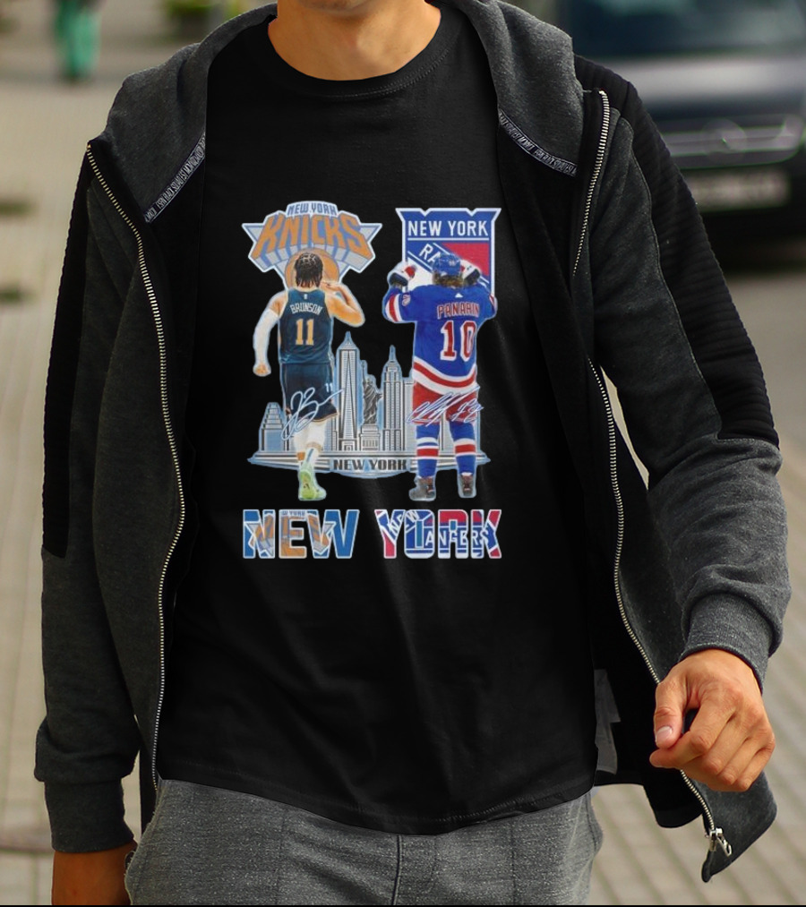 New York Knicks Brunson Rangers Panarin New York City Skyline Signatures T-Shirt