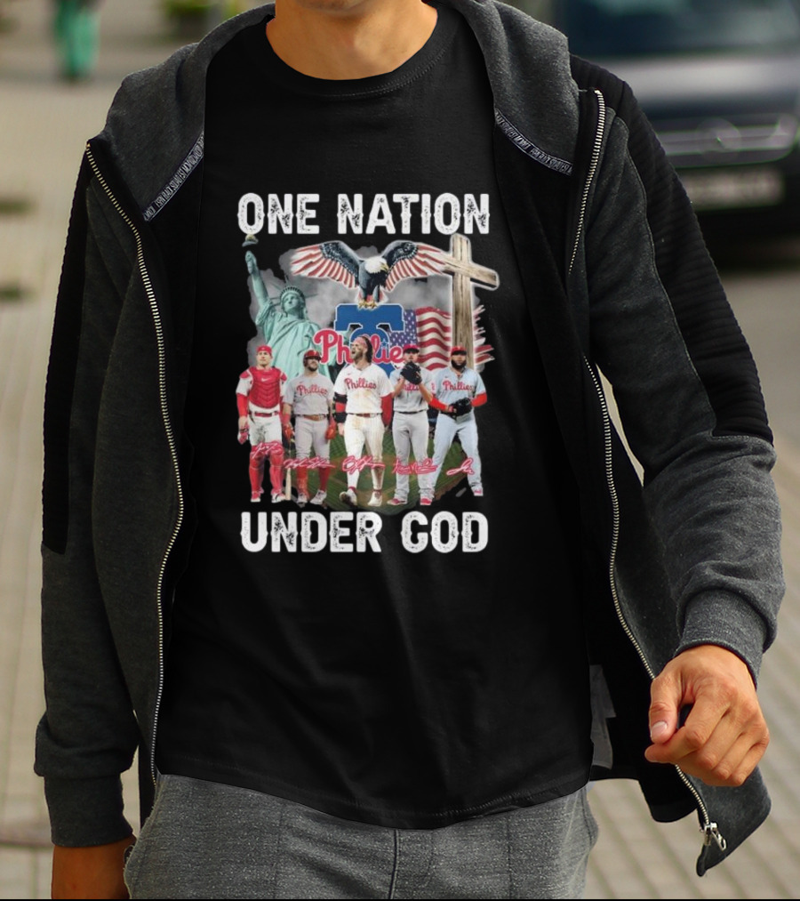 Philadelphia Phillies One Nation Under God Flag Statue Cross Signatures T-Shirt