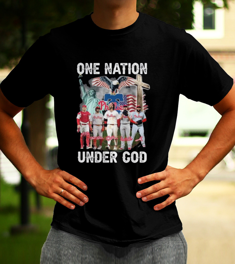 Philadelphia Phillies One Nation Under God Flag Statue Cross Signatures T-Shirt