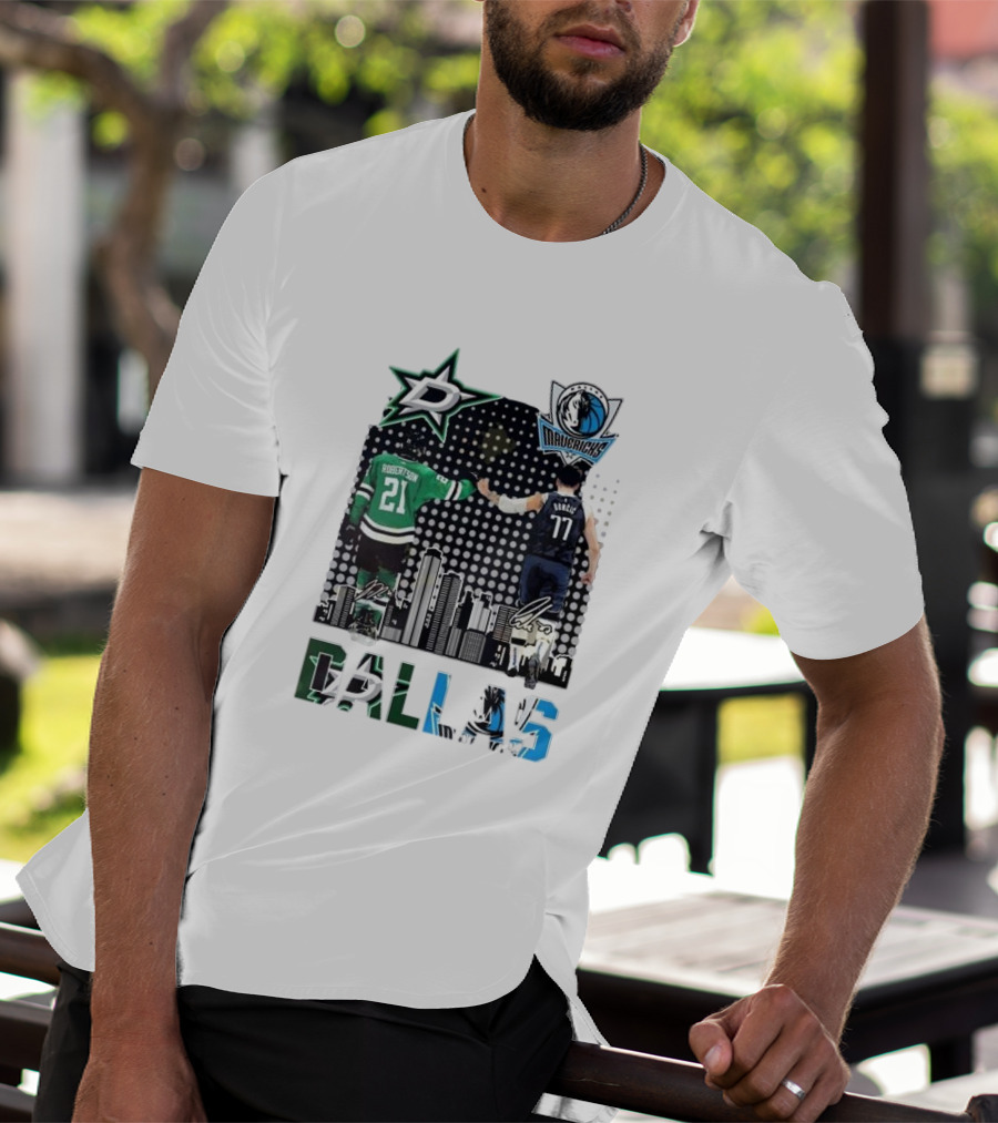 Dallas Stars Mavericks Robertson Doncic Skyline Signatures T-Shirt