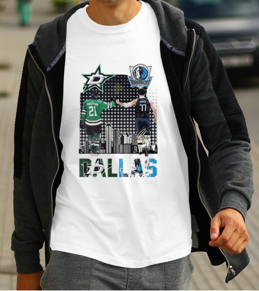 Dallas Stars Mavericks Robertson Doncic Skyline Signatures T-Shirt
