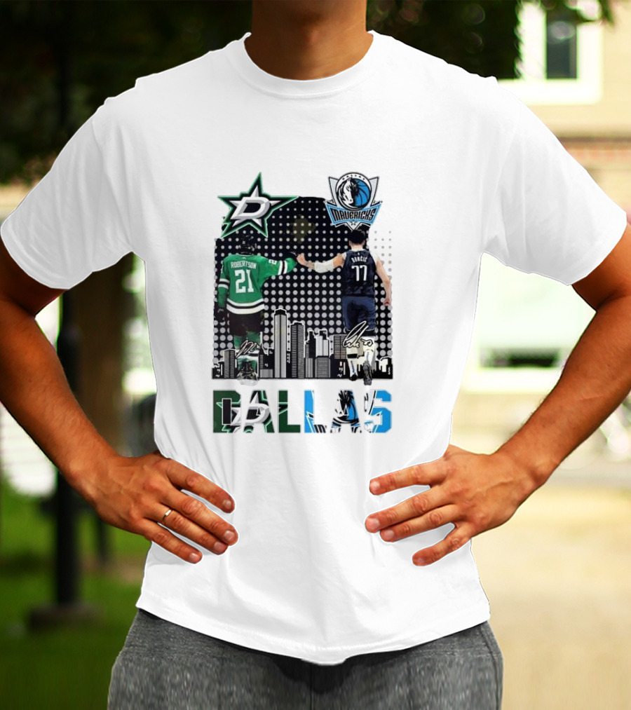 Dallas Stars Mavericks Robertson Doncic Skyline Signatures T-Shirt
