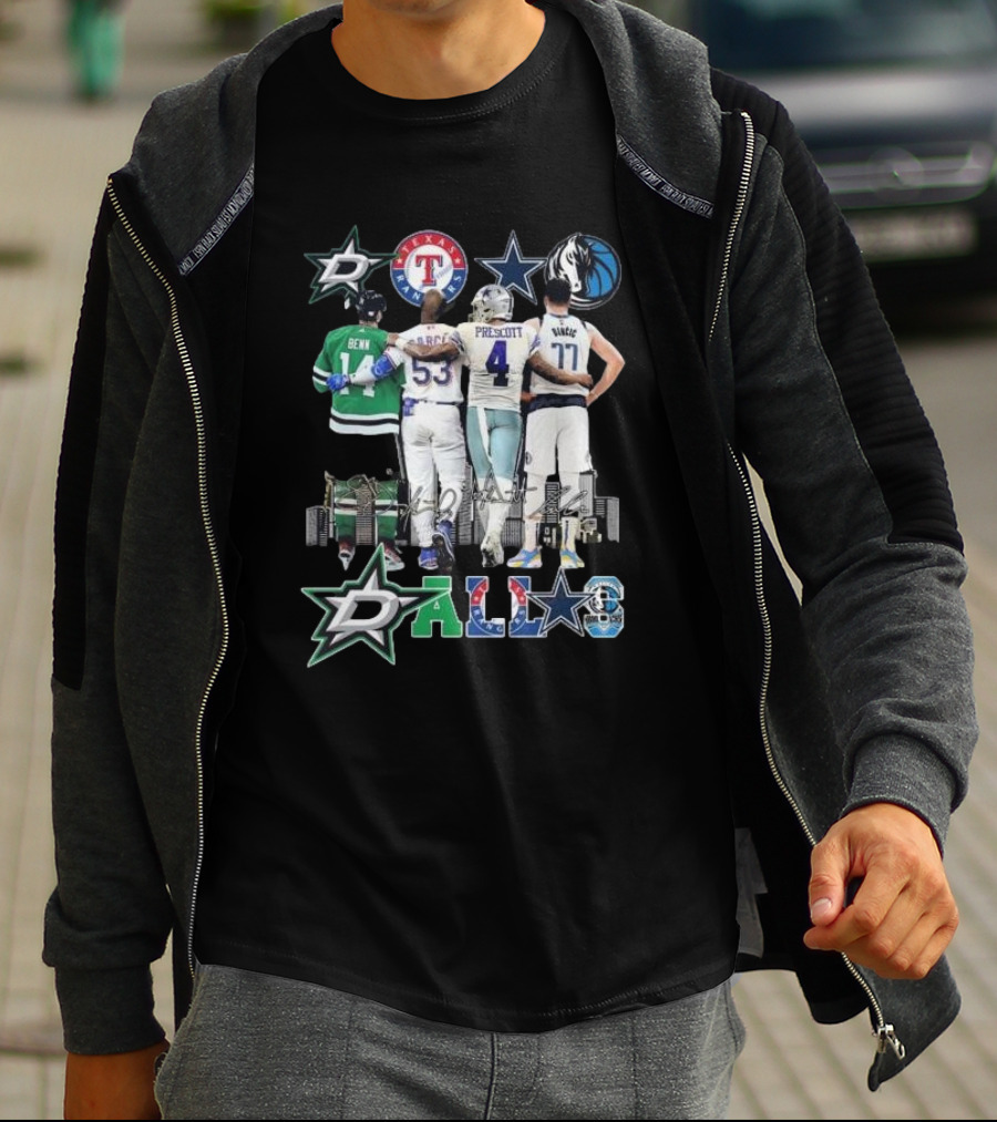 Dallas Stars Texas Rangers Cowboys Mavericks Benn Prescott Ware Doncic Signatures T-Shirt