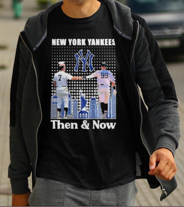 New York Yankees Then And Now Mickey Mantle 7 Aaron Judge 99 Signatures T-Shirt