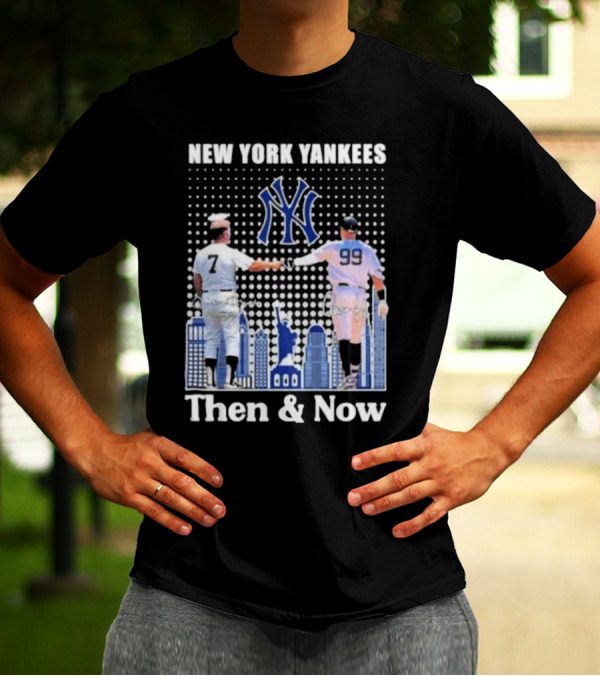 New York Yankees Then And Now Mickey Mantle 7 Aaron Judge 99 Signatures T-Shirt