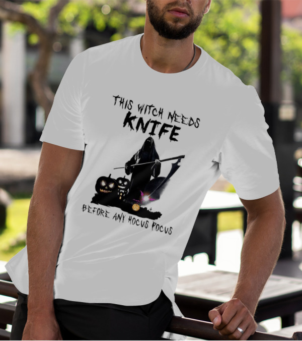 This Witch Needs Knife Before Any Hocus Pocus Halloween Pumpkins Dark Scene T-Shirt
