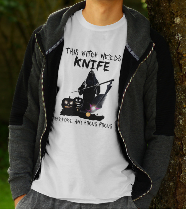 This Witch Needs Knife Before Any Hocus Pocus Halloween Pumpkins Dark Scene T-Shirt
