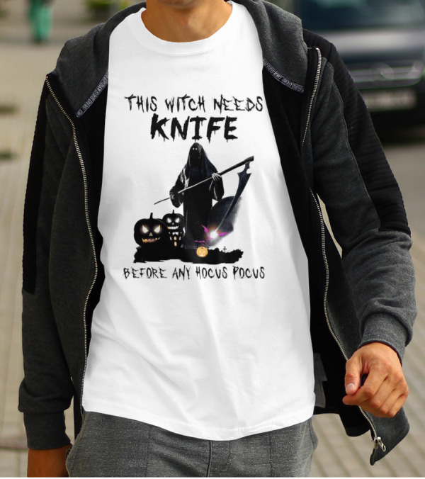 This Witch Needs Knife Before Any Hocus Pocus Halloween Pumpkins Dark Scene T-Shirt