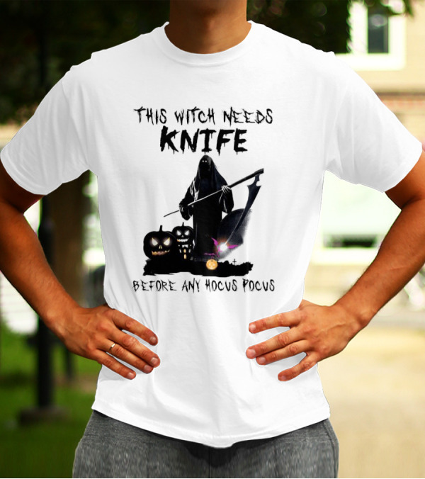 This Witch Needs Knife Before Any Hocus Pocus Halloween Pumpkins Dark Scene T-Shirt