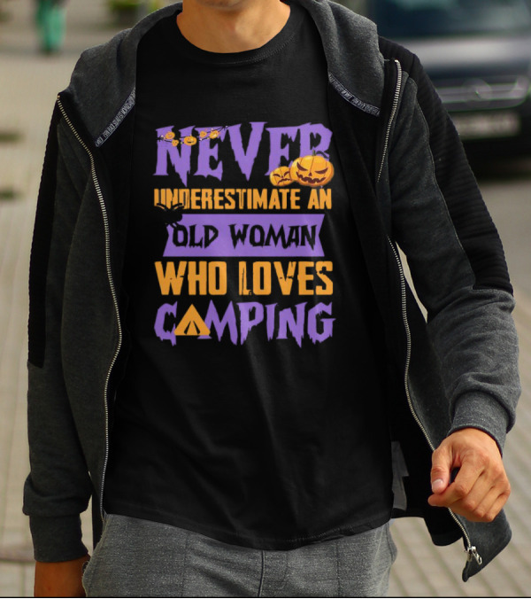 Never Underestimate An Old Woman Who Loves Camping Halloween Pumpkin Spider T-Shirt